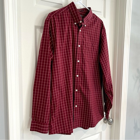 Eddie Bauer Mens Red Plaid Checkered Long Sleeve Button Up Dress Shirt L Cotton - Picture 3 of 13